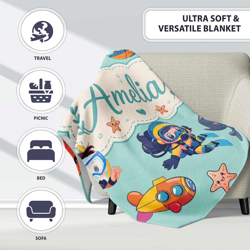 Underwater with Scuba Divers Starfish and Whale on Seafoam Green Personalised Custom Name Super Soft Fleece Blanket Bed Sofa Throw