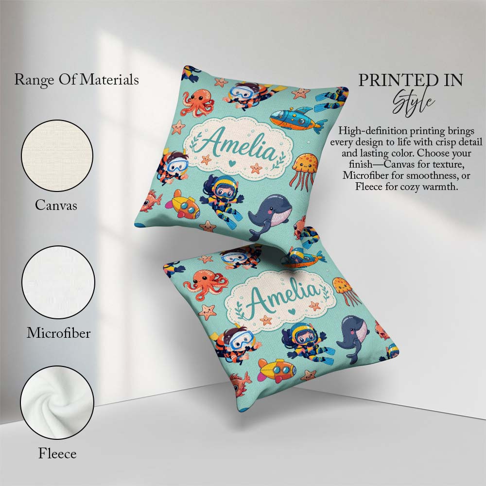 Custom Name Underwater with Scuba Divers Starfish and on Seafoam Square Filled Cushion Throw Pillow Sofa Bed Home Decor Zip Washable UK Made