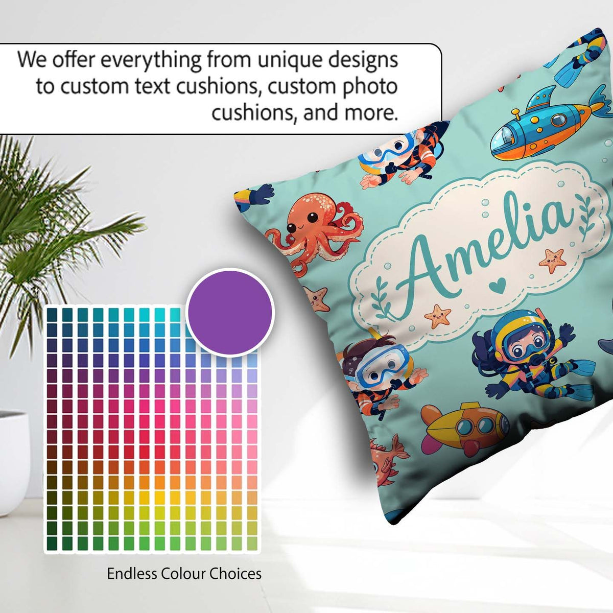 Custom Name Underwater with Scuba Divers Starfish and on Seafoam Square Filled Cushion Throw Pillow Sofa Bed Home Decor Zip Washable UK Made