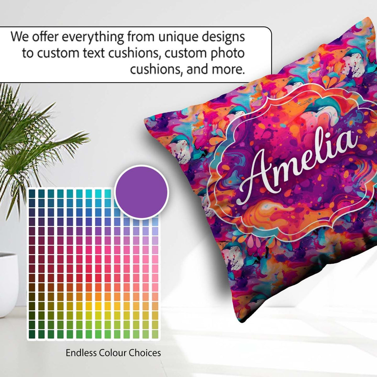 Custom Name Colourful Liquid Marble Swirl Purple Orange Abstract Square Filled Cushion Throw Pillow Sofa Bed Home Decor Zip Washable UK Made