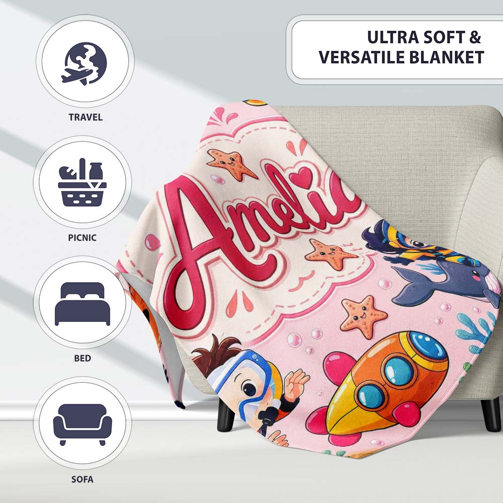 Underwater with Scuba Divers Starfish and Whale on Blush Pink Personalised Custom Name Super Soft Fleece Blanket Bed Sofa Throw