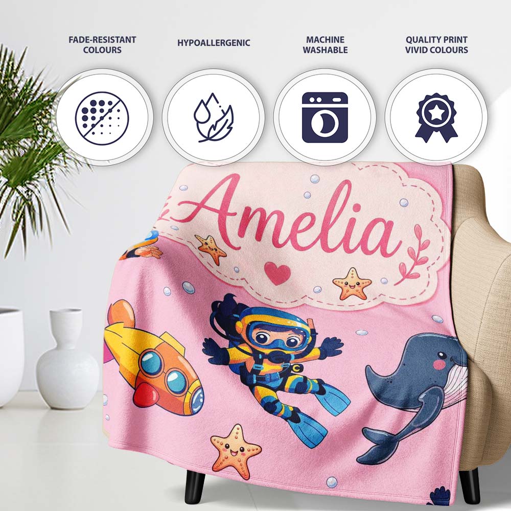 Underwater with Scuba Divers Starfish and Whale on Soft Blush Pink Personalised Custom Name Super Soft Fleece Blanket Bed Sofa Throw