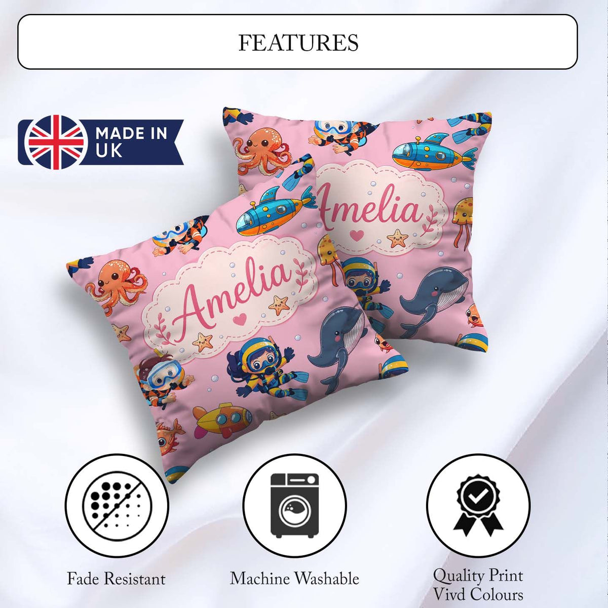 Custom Name Underwater with Scuba Divers and Whale on Soft Blush Square Filled Cushion Throw Pillow Sofa Bed Home Decor Zip Washable UK Made