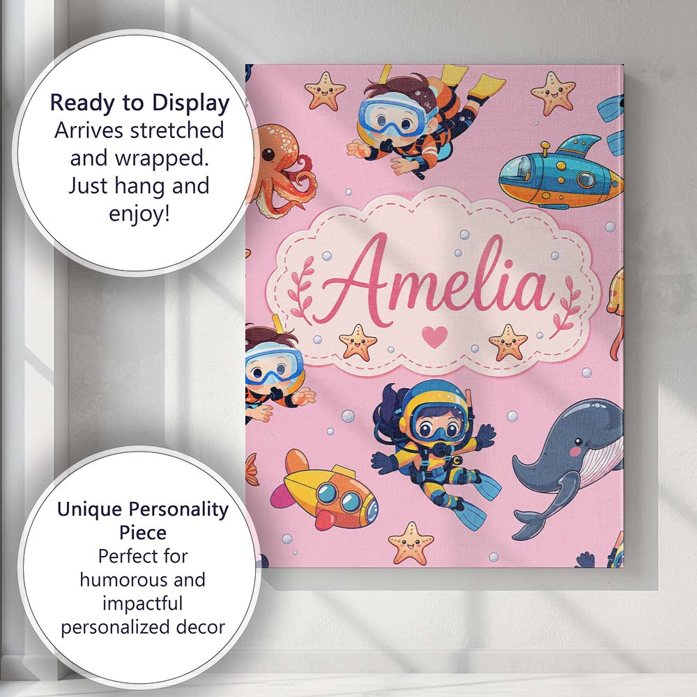 Personalised Name Underwater with Scuba Custom Modern Room Accent Elegant Feature Canvas Wall Art Print Decor Picture Ready to Hang