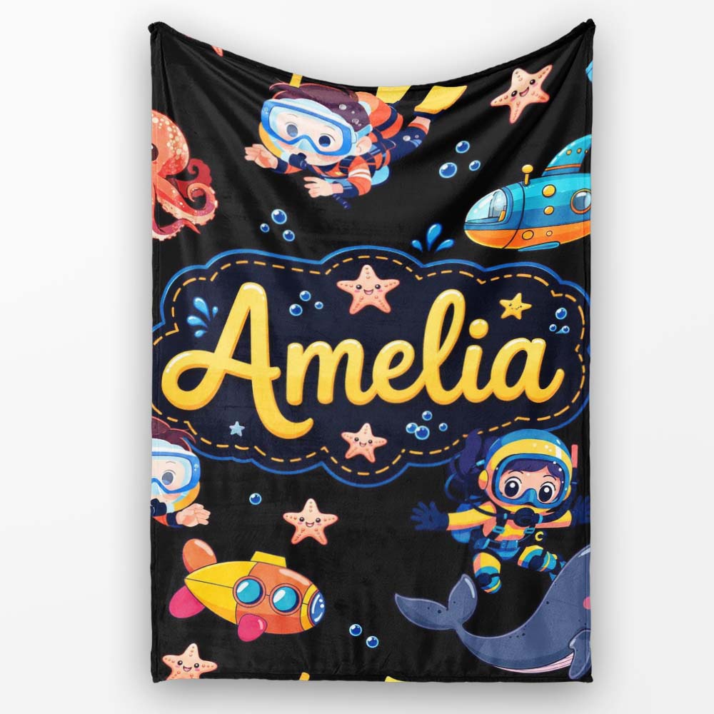 Underwater with Scuba Divers Starfish and Whale on Grey Lovely Personalised Custom Name Super Soft Fleece Blanket Bed Sofa Throw