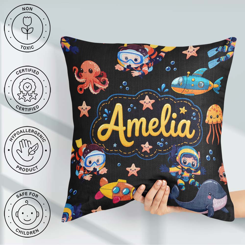 Custom Name with Scuba Divers Starfish and Whale on Grey Lovely Square Filled Cushion Throw Pillow Sofa Bed Home Decor Zip Washable UK Made