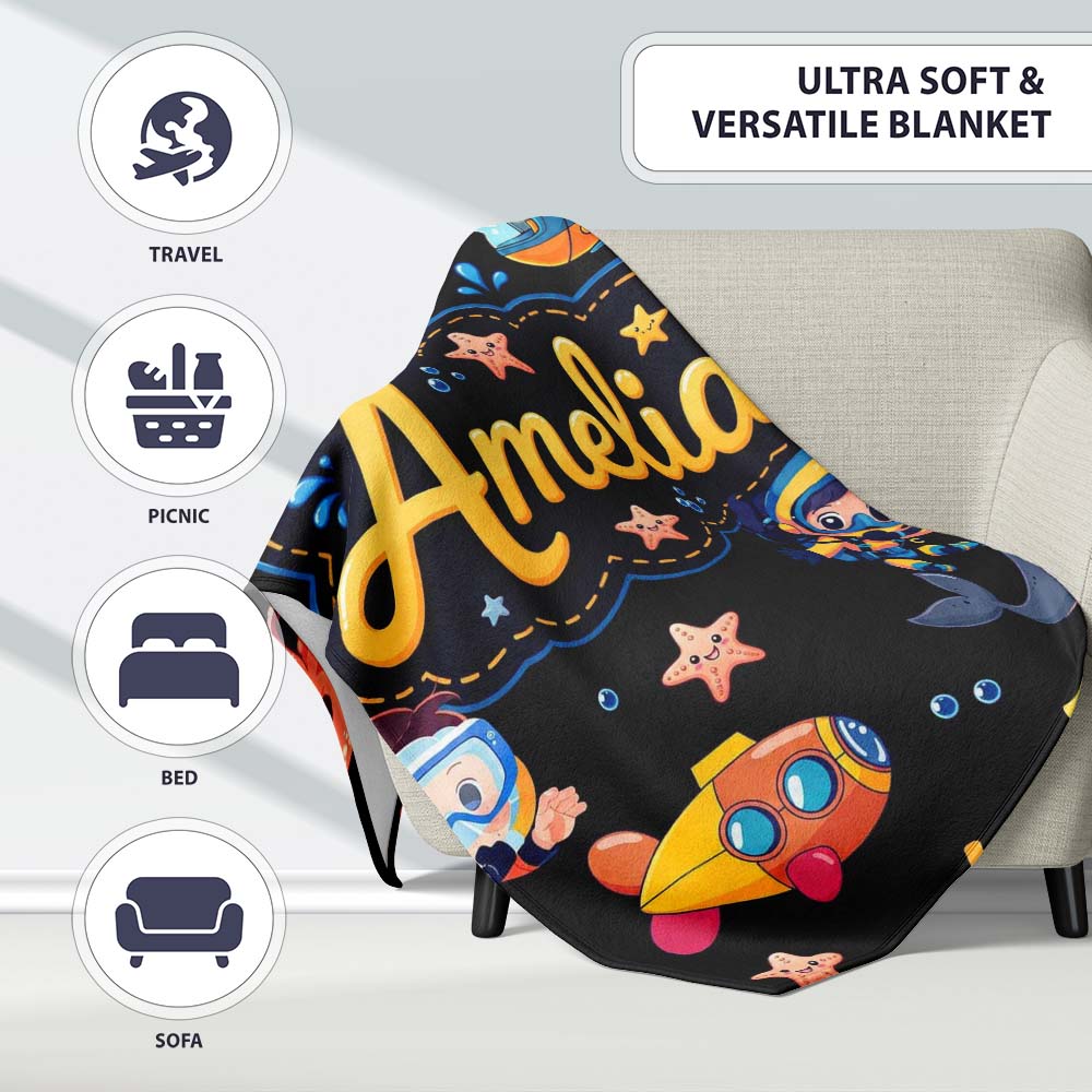 Underwater with Scuba Divers Starfish and Whale on Grey Lovely Personalised Custom Name Super Soft Fleece Blanket Bed Sofa Throw