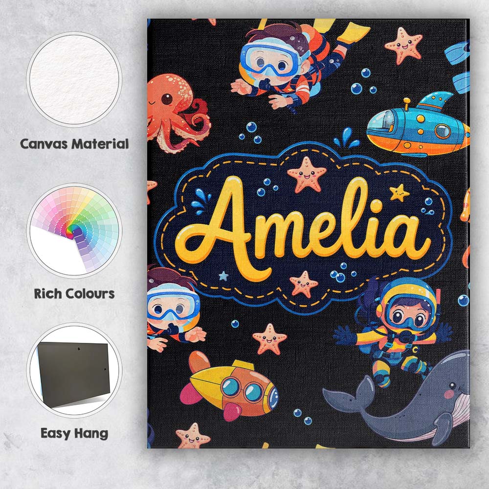 Personalised Name Underwater with Scuba Custom Modern Room Accent Elegant Feature Canvas Wall Art Print Decor Picture Ready to Hang