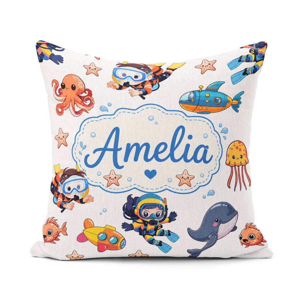 Custom Name with Scuba Divers Starfish and Whale on Clean White Square Filled Cushion Throw Pillow Sofa Bed Home Decor Zip Washable UK Made