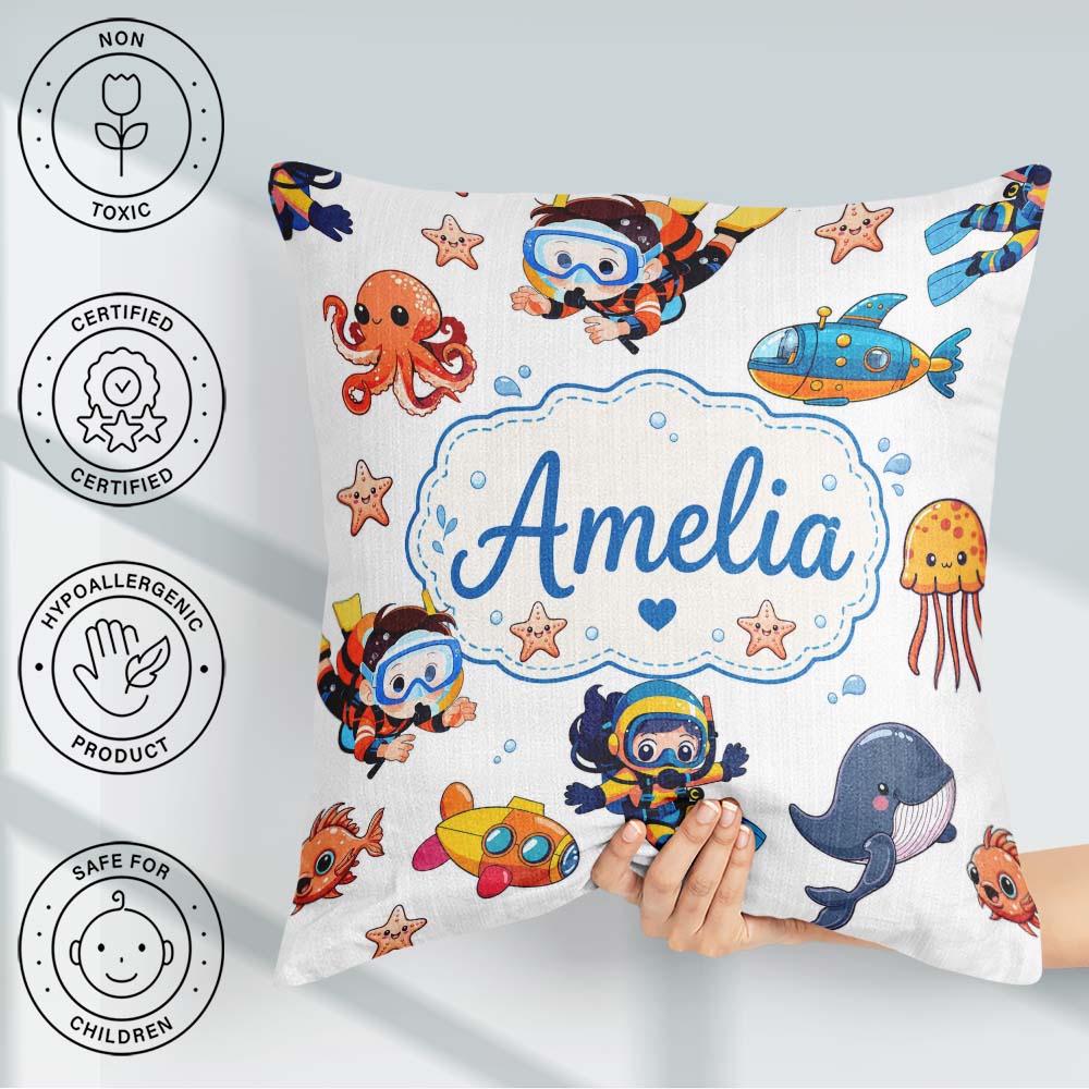 Custom Name with Scuba Divers Starfish and Whale on Clean White Square Filled Cushion Throw Pillow Sofa Bed Home Decor Zip Washable UK Made