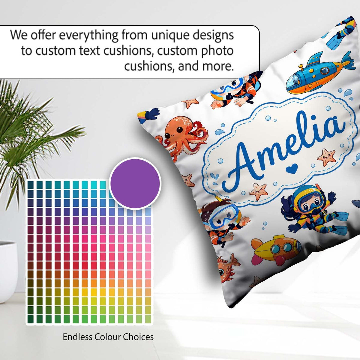 Custom Name with Scuba Divers Starfish and Whale on Clean White Square Filled Cushion Throw Pillow Sofa Bed Home Decor Zip Washable UK Made