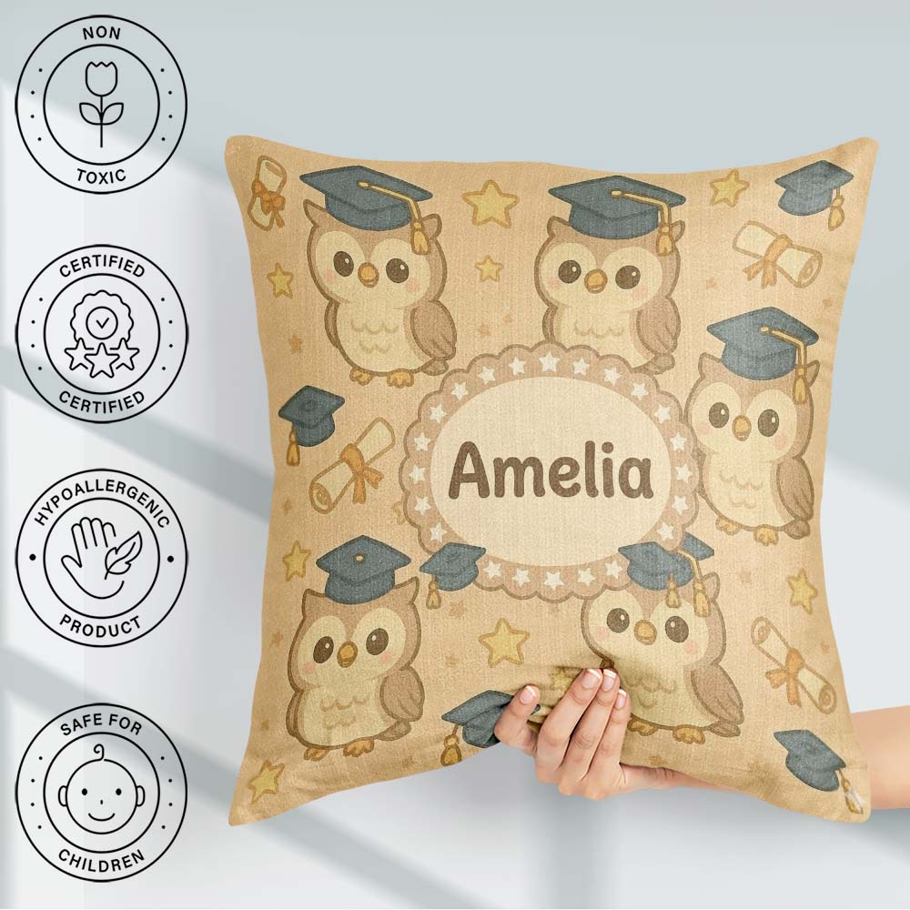 Custom Name Cute Graduation Owl Cartoon Animal Pattern Cute Gift Square Filled Cushion Throw Pillow Sofa Bed Home Decor Zip Washable UK Made