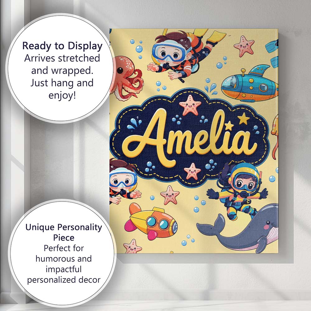 Personalised Name Underwater with Scuba Custom Modern Room Accent Elegant Feature Canvas Wall Art Print Decor Picture Ready to Hang