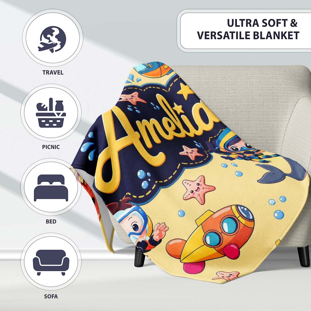 Underwater with Scuba Divers Starfish and Whale on Warm Yellow Personalised Custom Name Super Soft Fleece Blanket Bed Sofa Throw