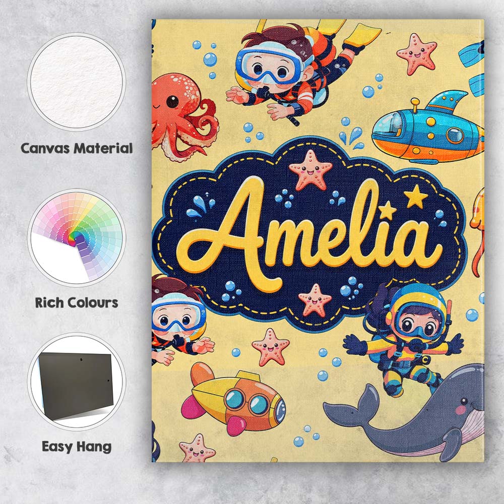 Personalised Name Underwater with Scuba Custom Modern Room Accent Elegant Feature Canvas Wall Art Print Decor Picture Ready to Hang