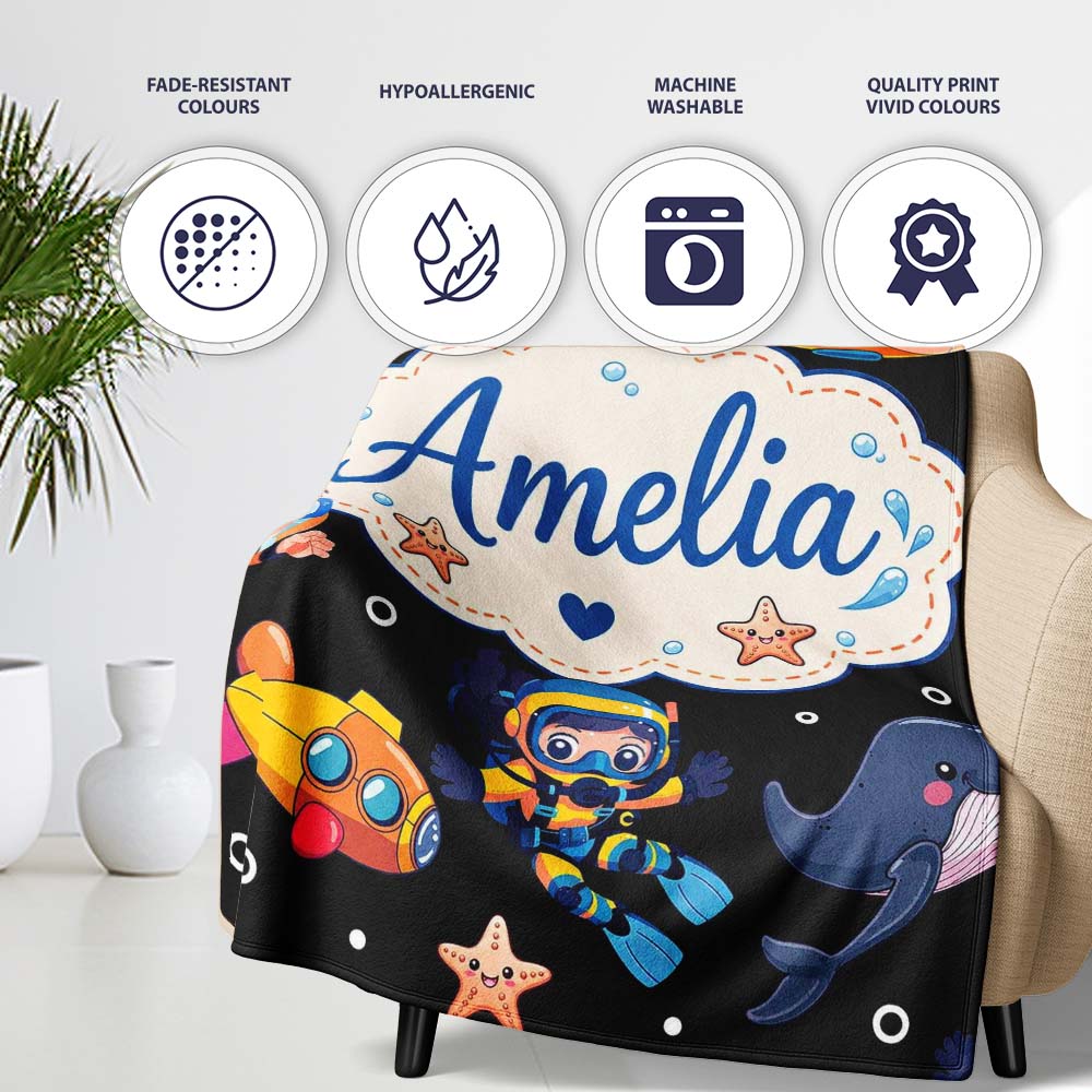 Underwater with Scuba Divers Starfish and Whale on Deep Black Lovely Personalised Custom Name Super Soft Fleece Blanket Bed Sofa Throw