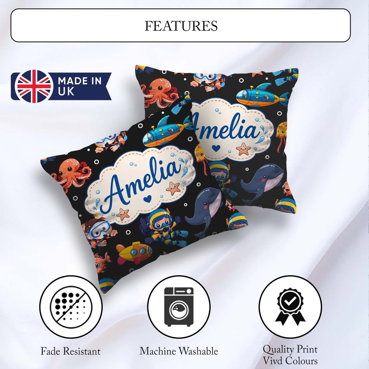 Custom Name Underwater with Scuba Divers and Whale on Deep Black Square Filled Cushion Throw Pillow Sofa Bed Home Decor Zip Washable UK Made