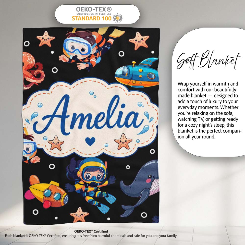 Underwater with Scuba Divers Starfish and Whale on Deep Black Lovely Personalised Custom Name Super Soft Fleece Blanket Bed Sofa Throw