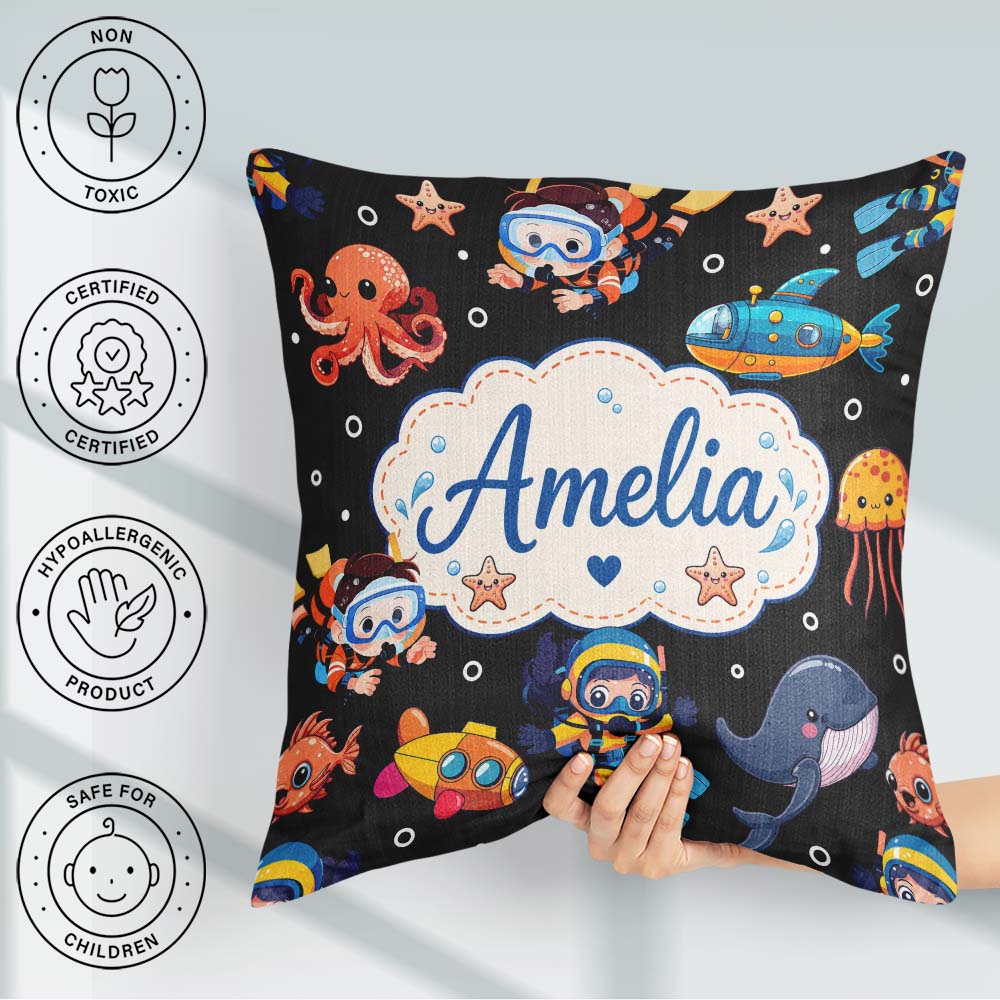 Custom Name Underwater with Scuba Divers and Whale on Deep Black Square Filled Cushion Throw Pillow Sofa Bed Home Decor Zip Washable UK Made