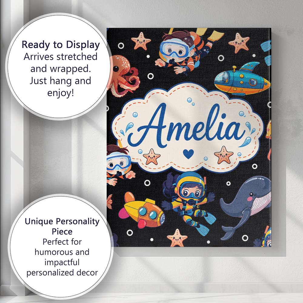 Personalised Name Underwater with Scuba Custom Modern Room Accent Elegant Feature Canvas Wall Art Print Decor Picture Ready to Hang