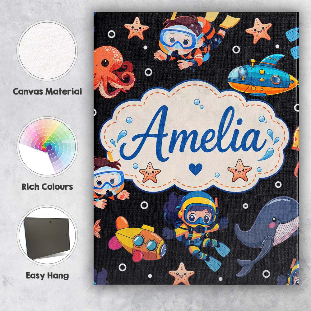 Personalised Name Underwater with Scuba Custom Modern Room Accent Elegant Feature Canvas Wall Art Print Decor Picture Ready to Hang