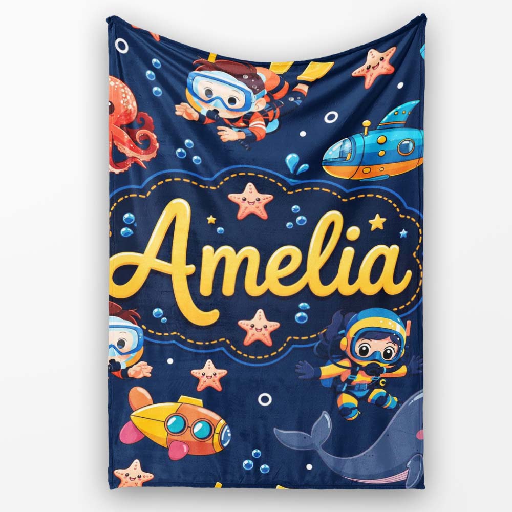 Underwater with Scuba Divers Starfish and Whale on Navy Blue Lovely Personalised Custom Name Super Soft Fleece Blanket Bed Sofa Throw