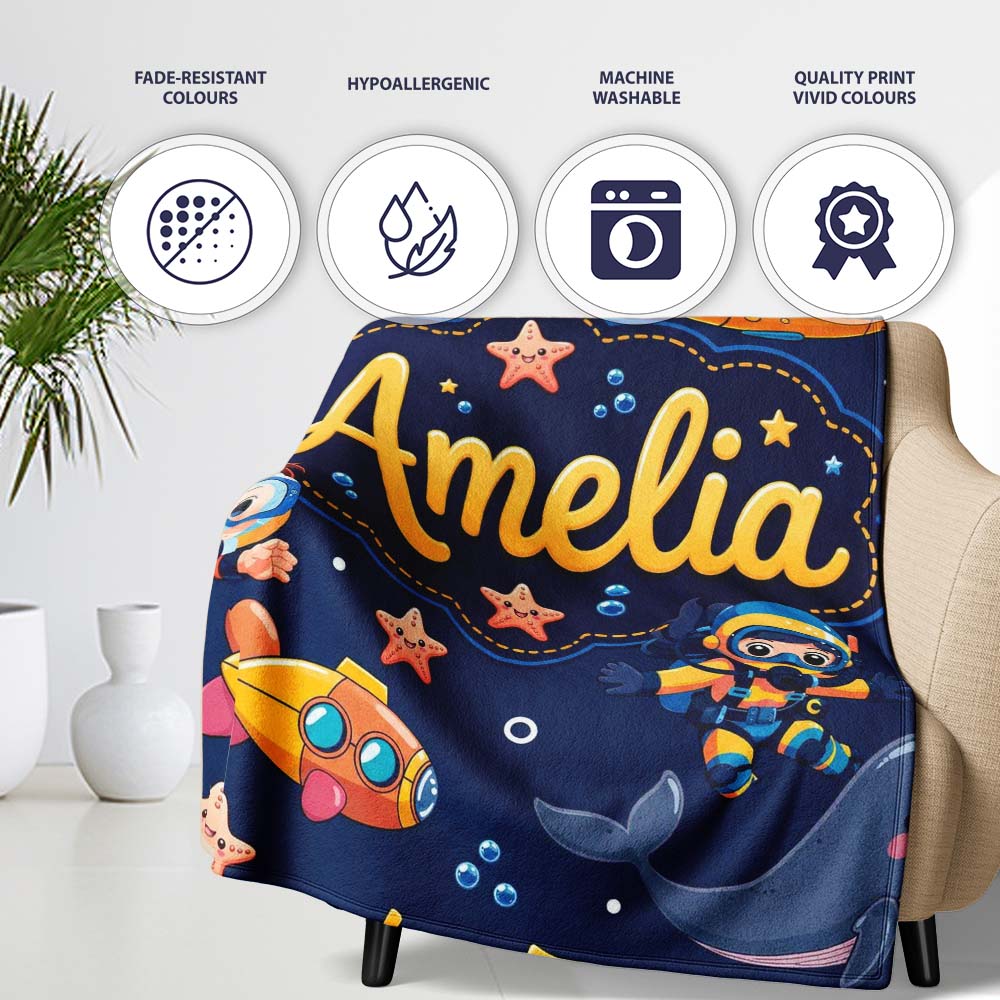 Underwater with Scuba Divers Starfish and Whale on Navy Blue Lovely Personalised Custom Name Super Soft Fleece Blanket Bed Sofa Throw