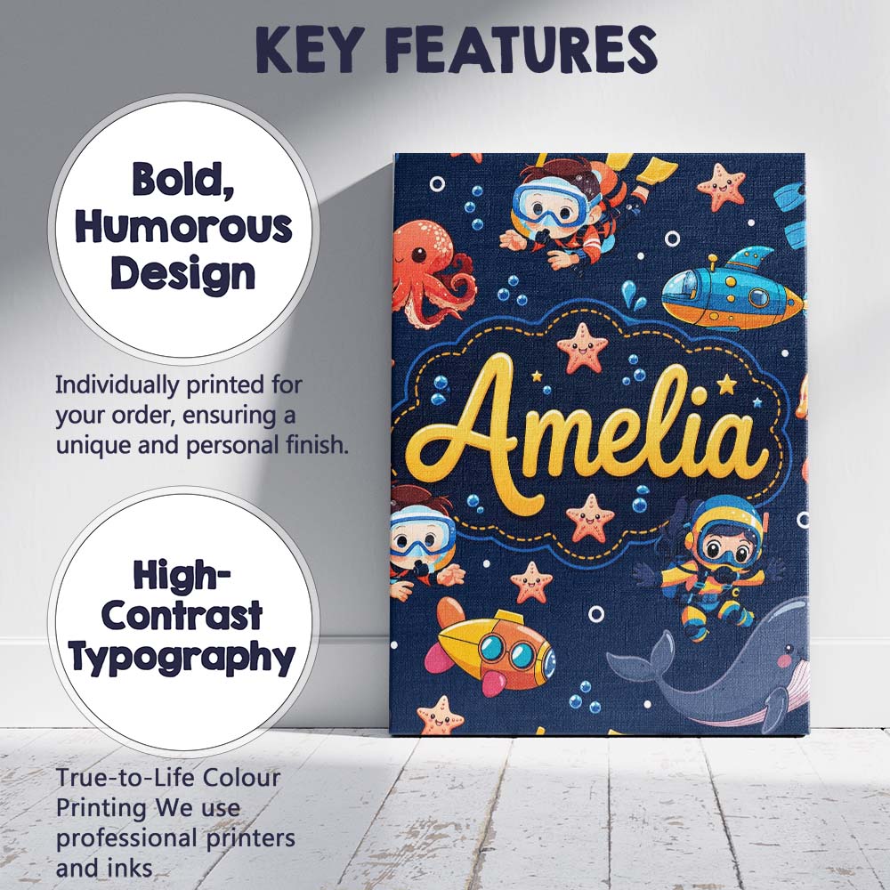 Personalised Name Underwater with Scuba Custom Modern Room Accent Elegant Feature Canvas Wall Art Print Decor Picture Ready to Hang