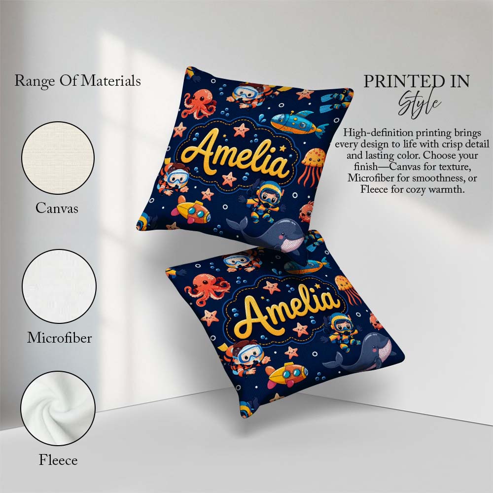 Custom Name Underwater with Scuba Divers and Whale on Navy Blue Square Filled Cushion Throw Pillow Sofa Bed Home Decor Zip Washable UK Made