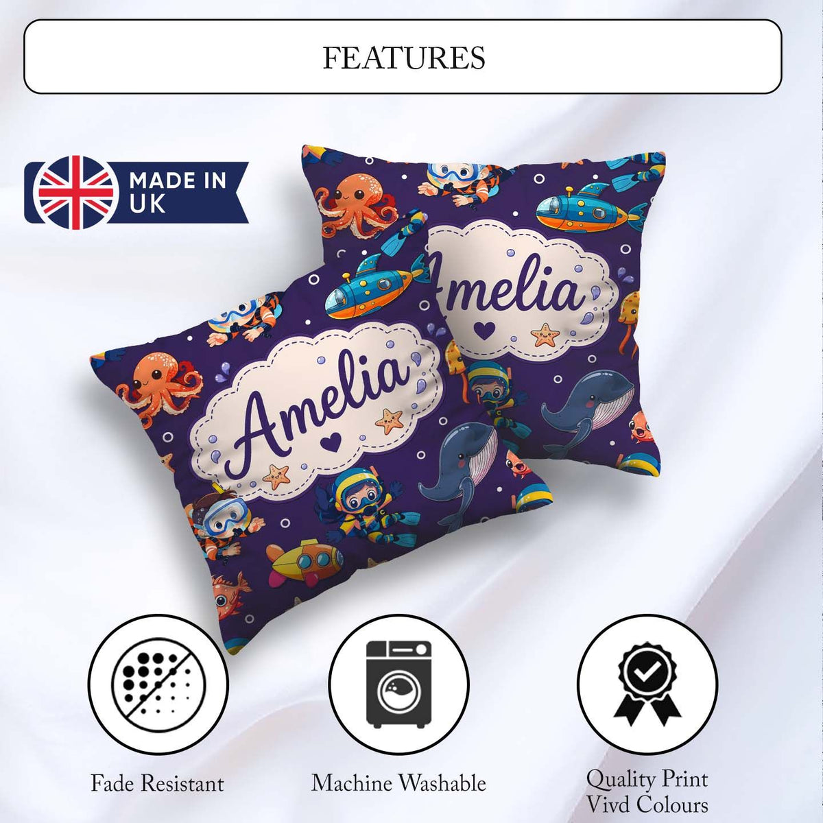 Custom Name with Scuba Divers Starfish and Whale on Rich Purple Square Filled Cushion Throw Pillow Sofa Bed Home Decor Zip Washable UK Made