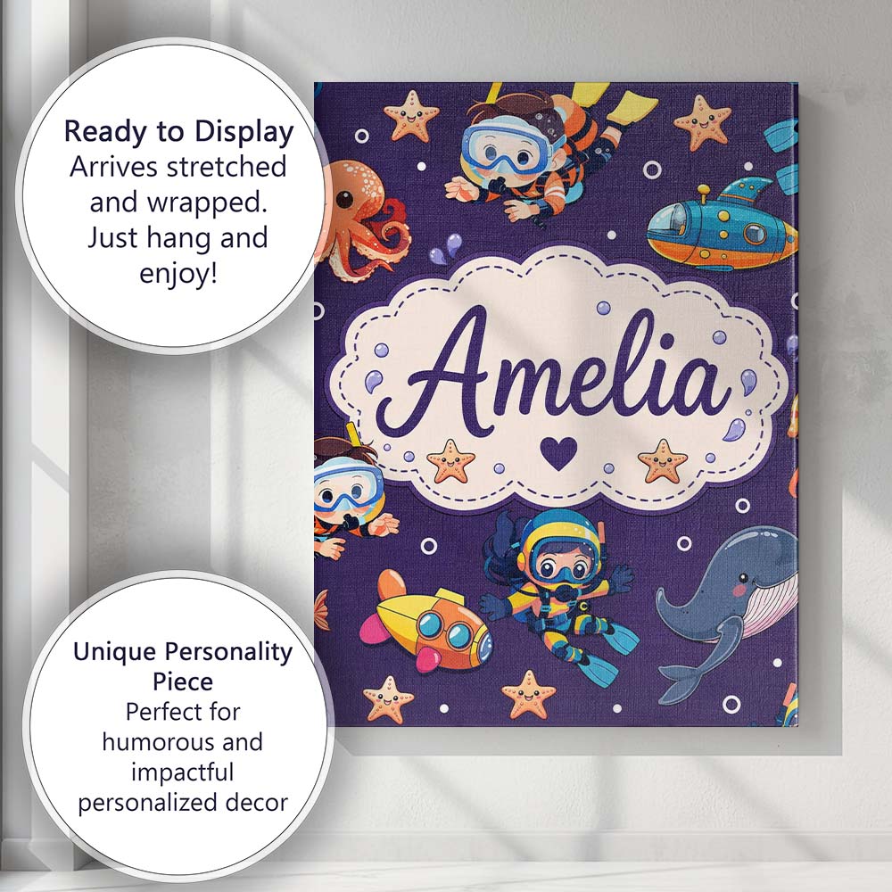 Personalised Name Underwater with Scuba Custom Modern Room Accent Elegant Feature Canvas Wall Art Print Decor Picture Ready to Hang