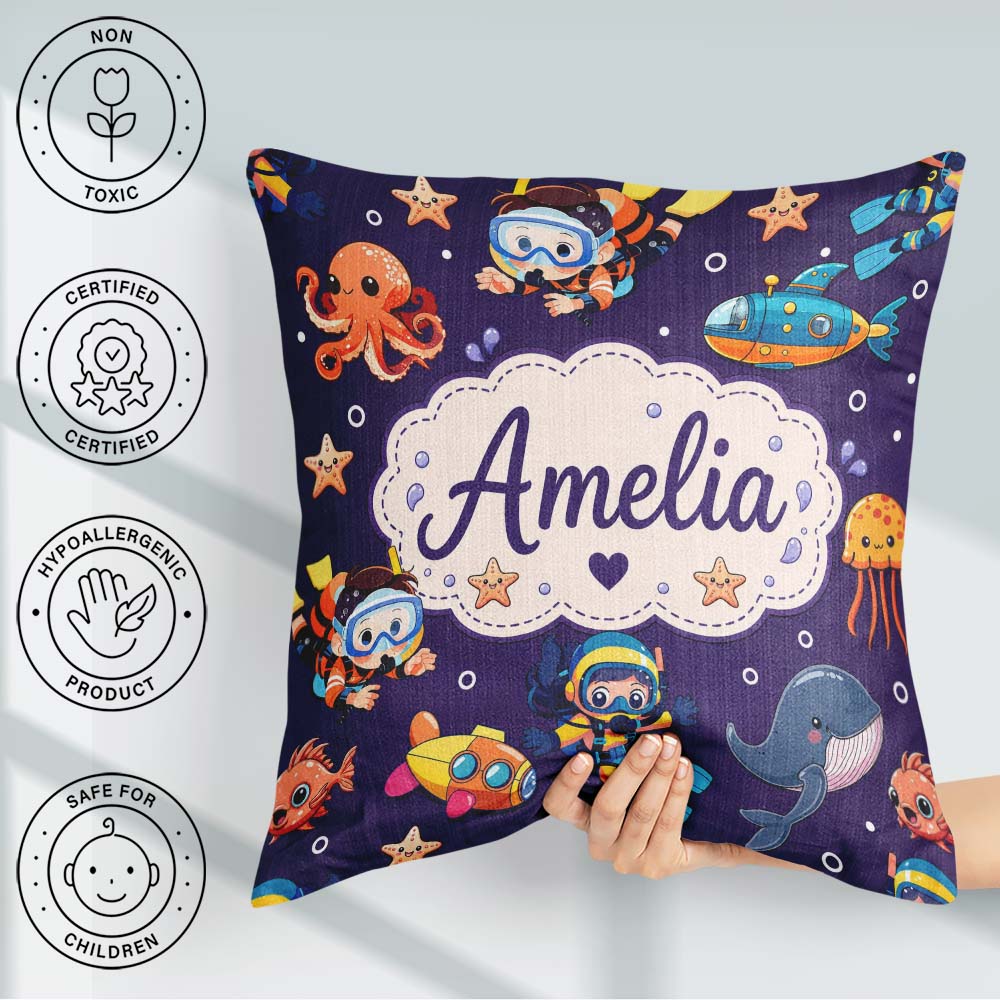 Custom Name with Scuba Divers Starfish and Whale on Rich Purple Square Filled Cushion Throw Pillow Sofa Bed Home Decor Zip Washable UK Made
