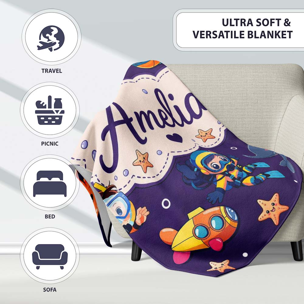 Underwater with Scuba Divers Starfish and Whale on Rich Purple Personalised Custom Name Super Soft Fleece Blanket Bed Sofa Throw