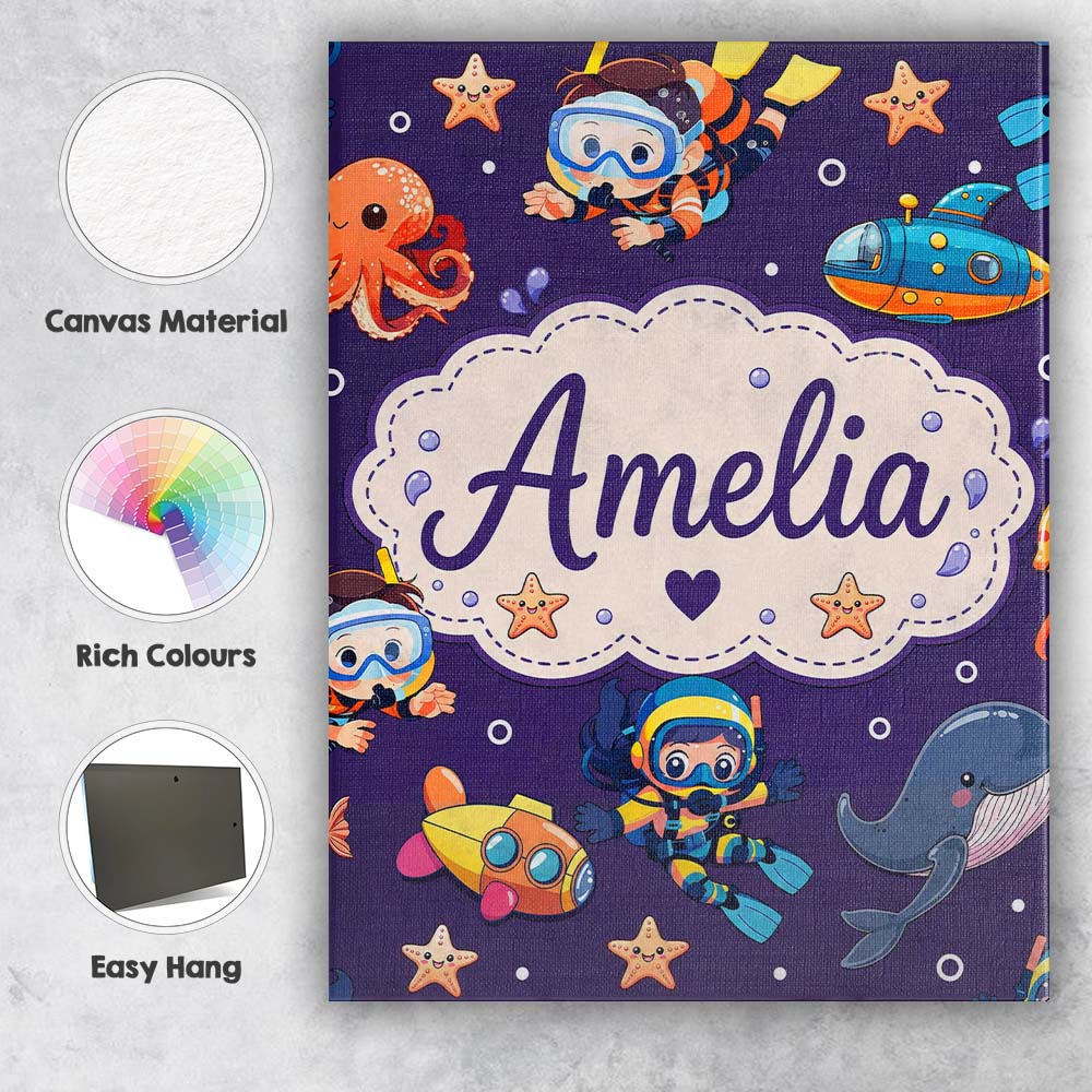 Personalised Name Underwater with Scuba Custom Modern Room Accent Elegant Feature Canvas Wall Art Print Decor Picture Ready to Hang