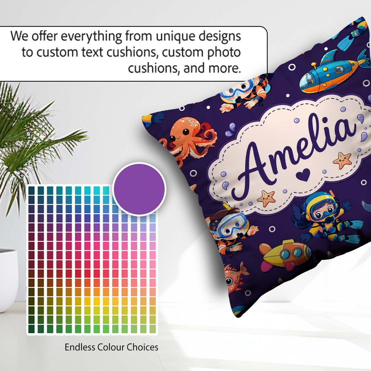 Custom Name with Scuba Divers Starfish and Whale on Rich Purple Square Filled Cushion Throw Pillow Sofa Bed Home Decor Zip Washable UK Made
