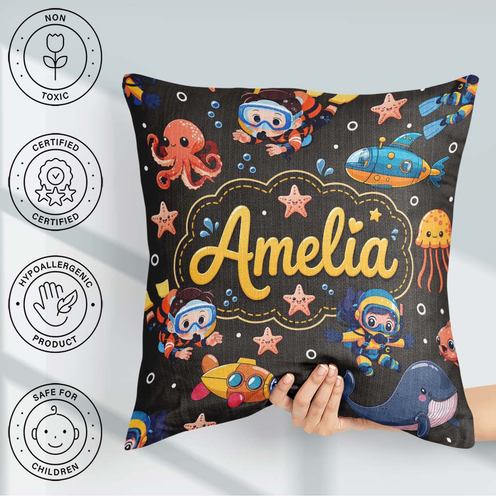 Custom Name Underwater with Scuba Divers Starfish and Whale Dark Square Filled Cushion Throw Pillow Sofa Bed Home Decor Zip Washable UK Made