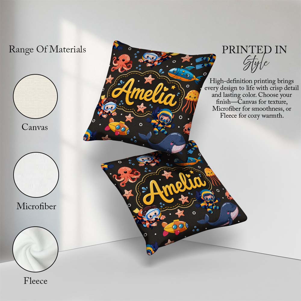 Custom Name Underwater with Scuba Divers Starfish and Whale Dark Square Filled Cushion Throw Pillow Sofa Bed Home Decor Zip Washable UK Made