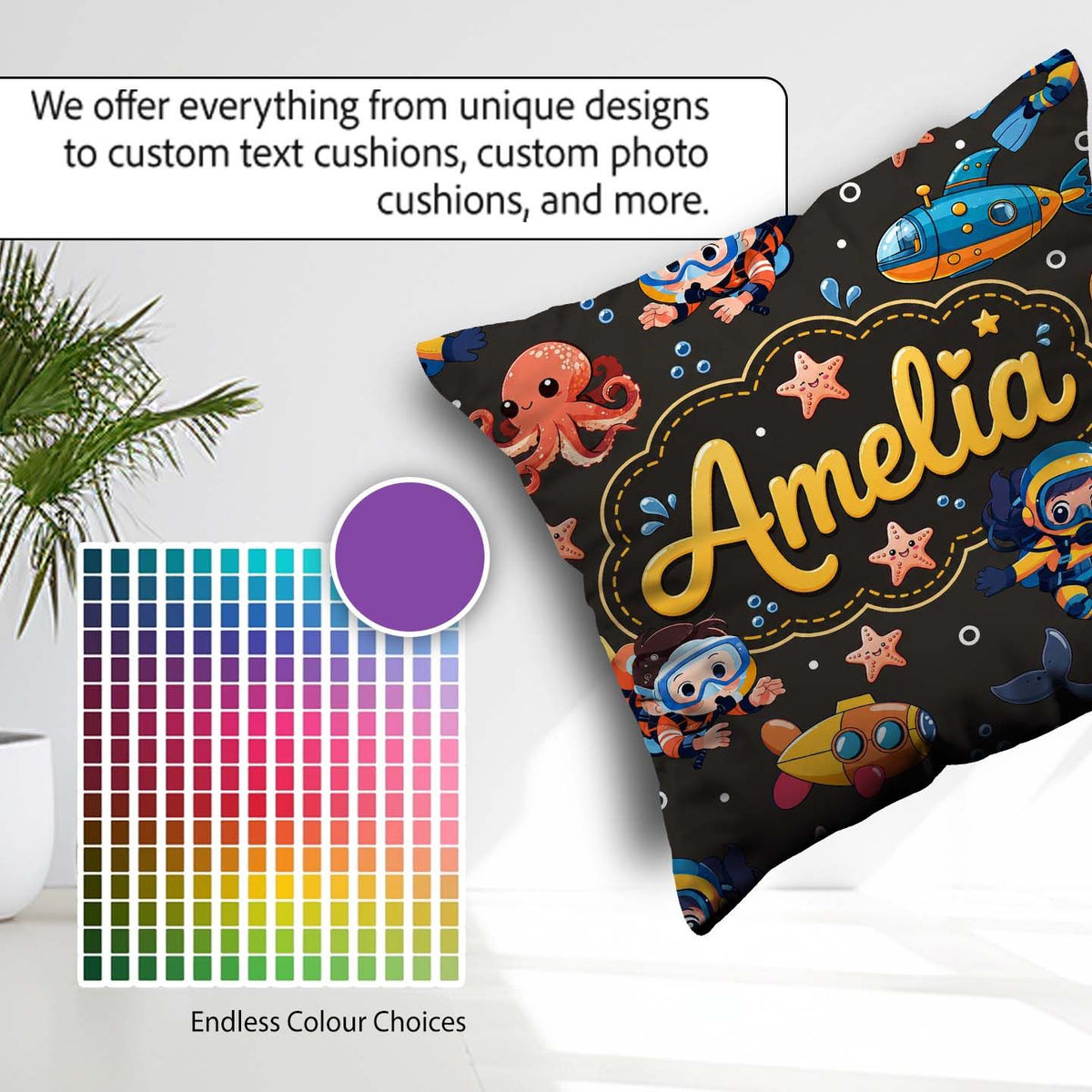 Custom Name Underwater with Scuba Divers Starfish and Whale Dark Square Filled Cushion Throw Pillow Sofa Bed Home Decor Zip Washable UK Made