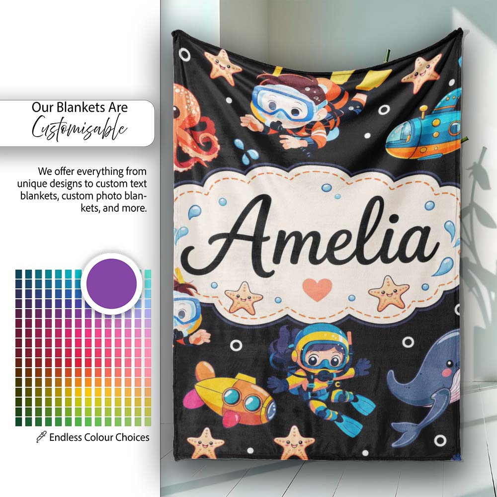 Underwater with Scuba Divers Starfish and Whale on Light Grey Lovely Personalised Custom Name Super Soft Fleece Blanket Bed Sofa Throw