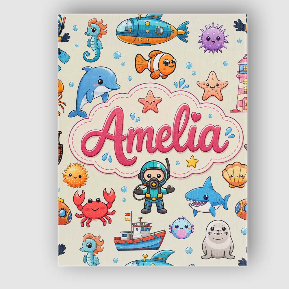 Personalised Name Cartoon Ocean with Custom Premium Decorative Design Modern Room Accent Canvas Wall Art Print Decor Picture Ready to Hang