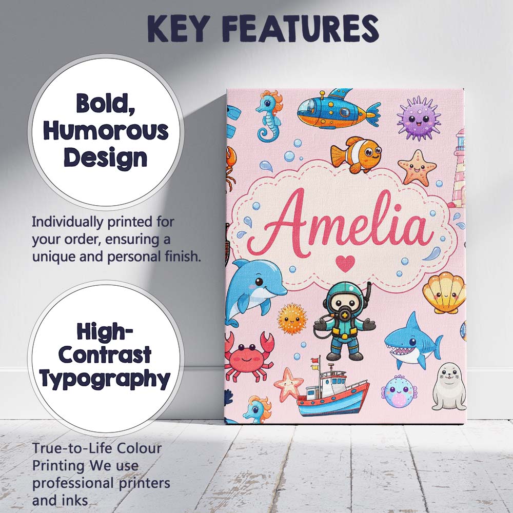 Personalised Name Cartoon Ocean with Custom Premium Decorative Design Modern Room Accent Canvas Wall Art Print Decor Picture Ready to Hang