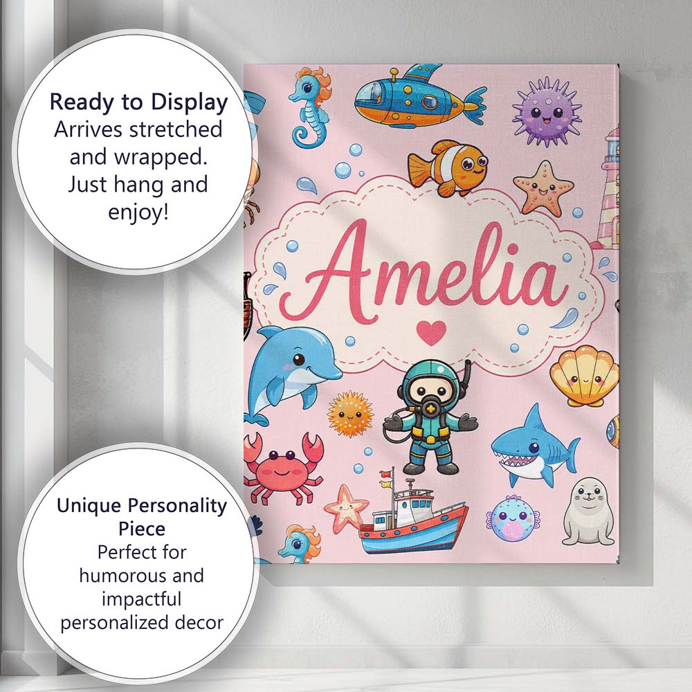 Personalised Name Cartoon Ocean with Custom Premium Decorative Design Modern Room Accent Canvas Wall Art Print Decor Picture Ready to Hang