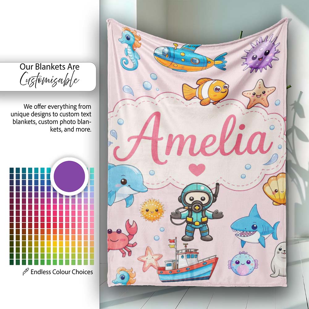 Cartoon Ocean with various sea CreaturesSea Creatures on Blush Pink Personalised Custom Name Super Soft Fleece Blanket Bed Sofa Throw