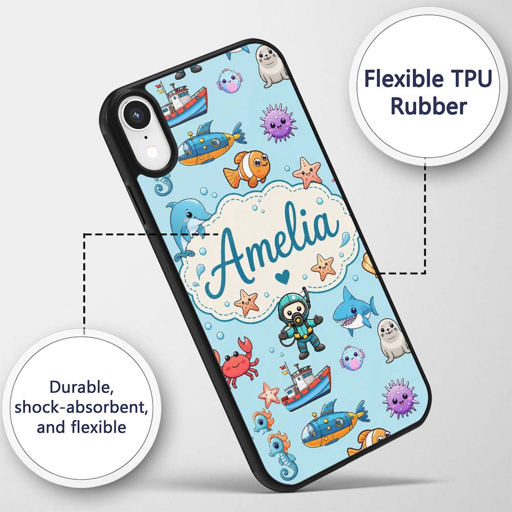 Cartoon Ocean with various sea Creatures Sea Custom Name Protective Phone Case Mobile Cover Durable Everyday Smartphone Shock Resistant