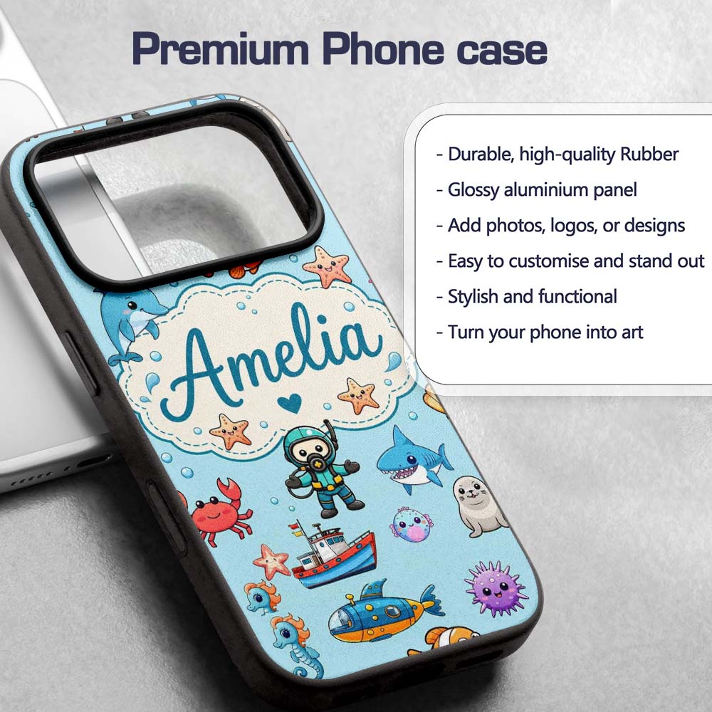 Cartoon Ocean with various sea Creatures Sea Custom Name Protective Phone Case Mobile Cover Durable Everyday Smartphone Shock Resistant