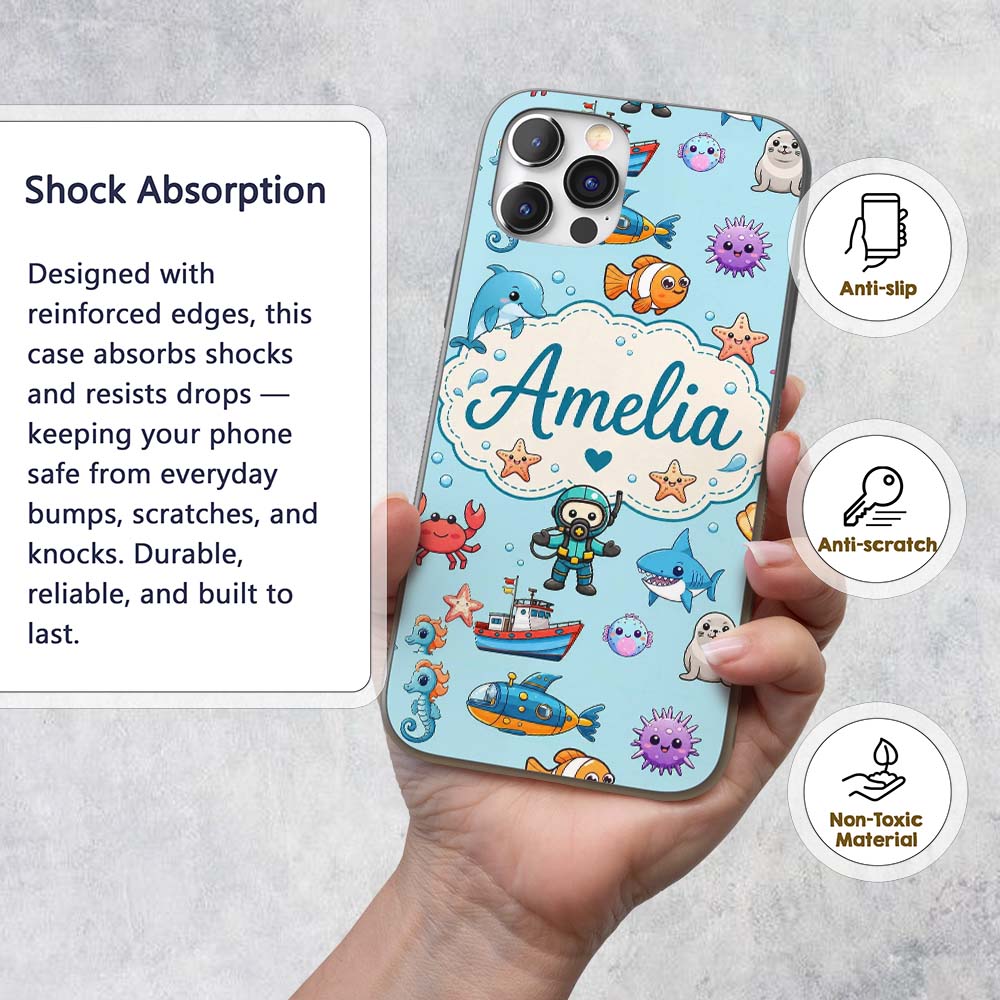Cartoon Ocean with various sea Creatures Sea Custom Name Protective Phone Case Mobile Cover Durable Everyday Smartphone Shock Resistant