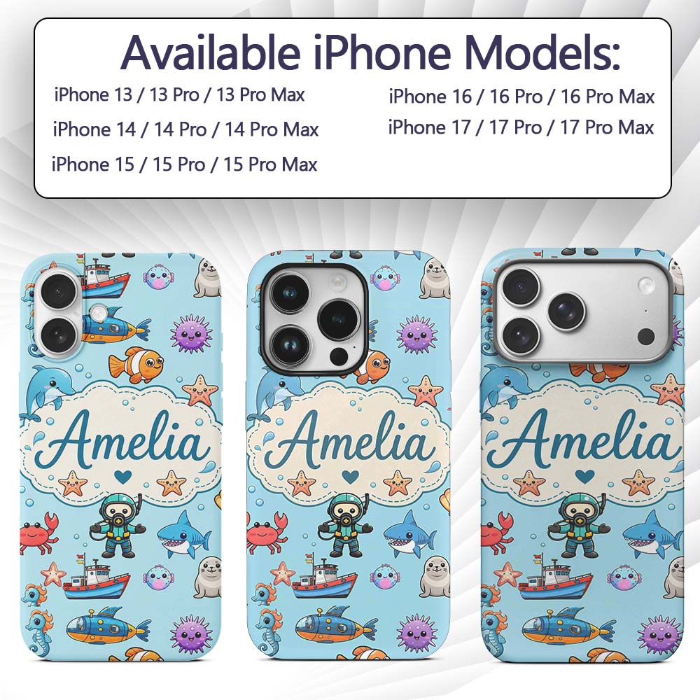 Cartoon Ocean with various sea Creatures Sea Custom Name Protective Phone Case Mobile Cover Durable Everyday Smartphone Shock Resistant