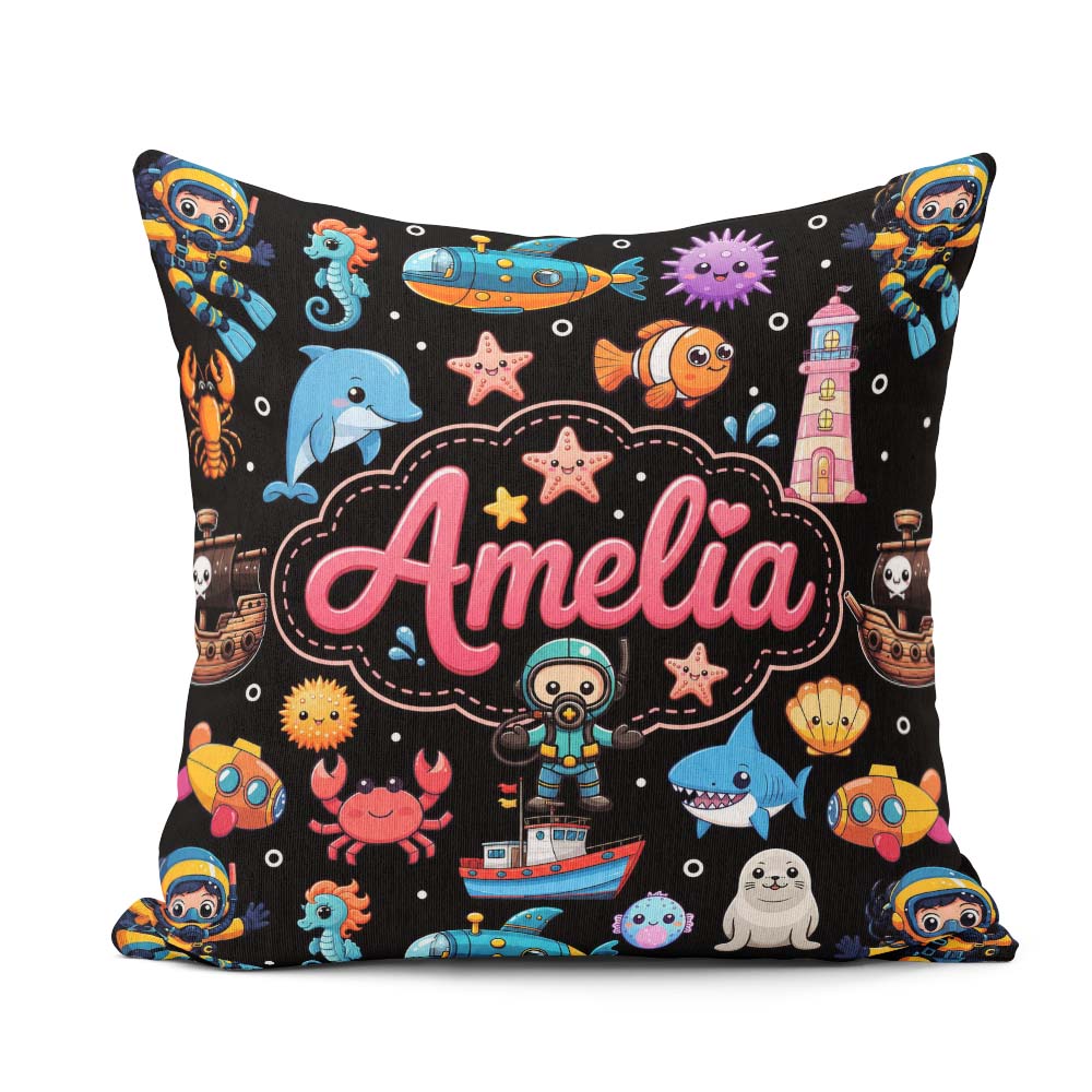 Custom Name Cartoon Ocean with Various Creatures on Black Bubble Square Filled Cushion Throw Pillow Sofa Bed Home Decor Zip Washable UK Made