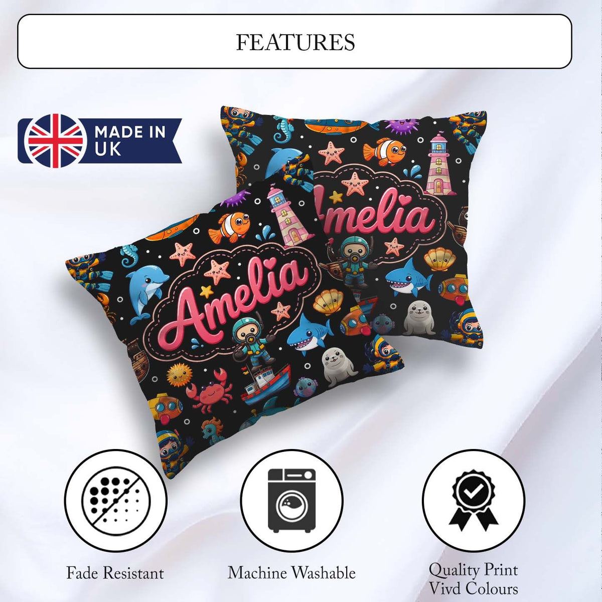 Custom Name Cartoon Ocean with Various Creatures on Black Bubble Square Filled Cushion Throw Pillow Sofa Bed Home Decor Zip Washable UK Made
