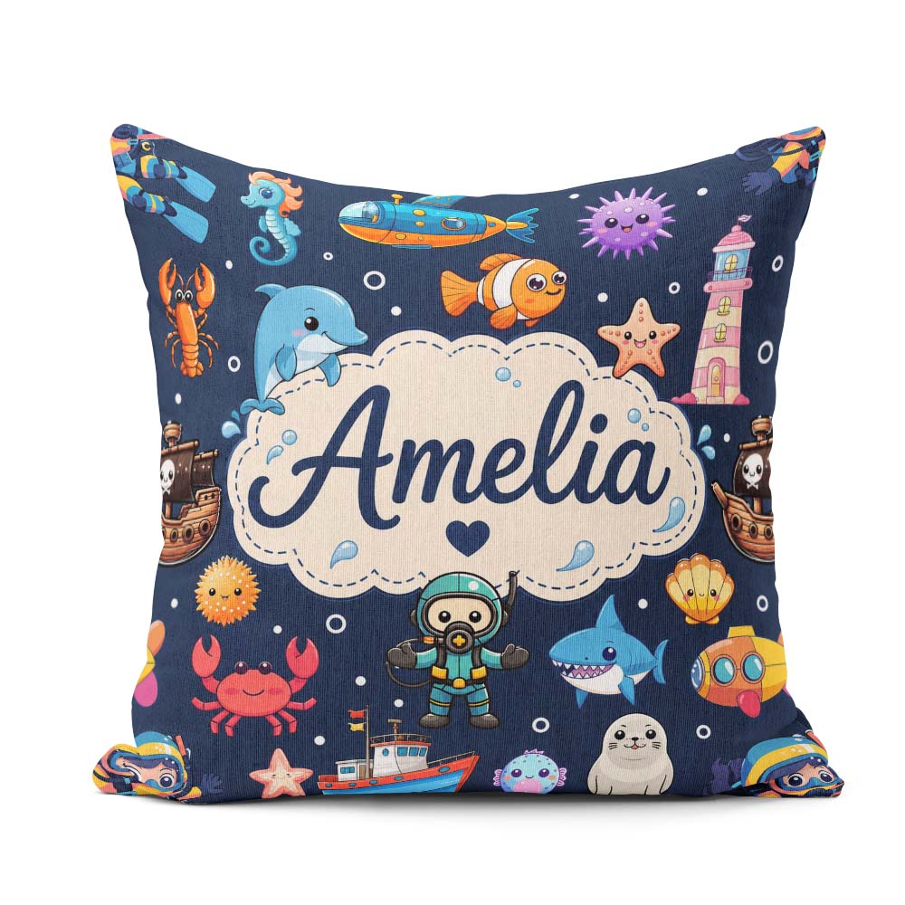 Custom Name Cartoon Ocean with Creatures on Deep Navy Background Square Filled Cushion Throw Pillow Sofa Bed Home Decor Zip Washable UK Made